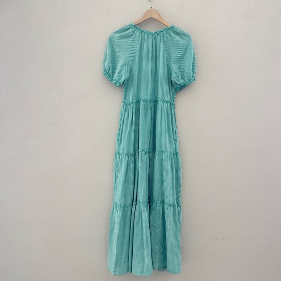 Sundance Seersucker Maxi Dress Tiered Smocked Puff Sleeve Boho Kelly Green S - Picture 2 of 11